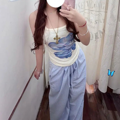 Summer Hot Retro American Lazy Style Straight Tube Loose Mid Low Waist Drawstring Plaid Pants