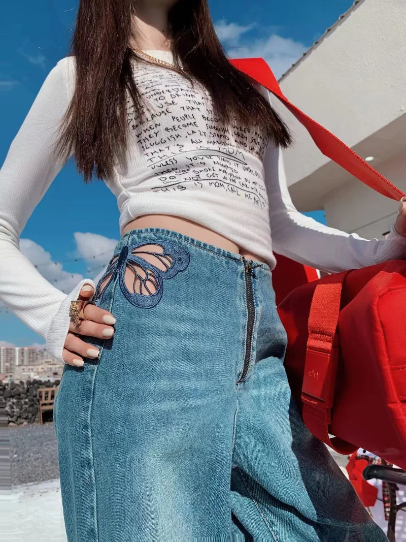 Cutout Butterfly Embroidered Jeans Woman High Waist Baggy Straight Denim Pants Street Denim Trouser