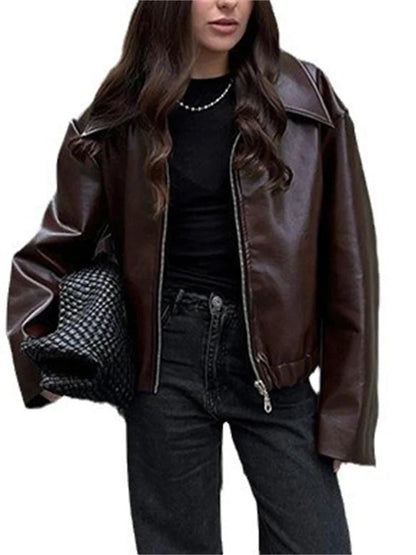 High Street Loose Female Pu Coat Zipper Slim High Waist Long Sleeve Patchwork Clothes Autumn Outwear