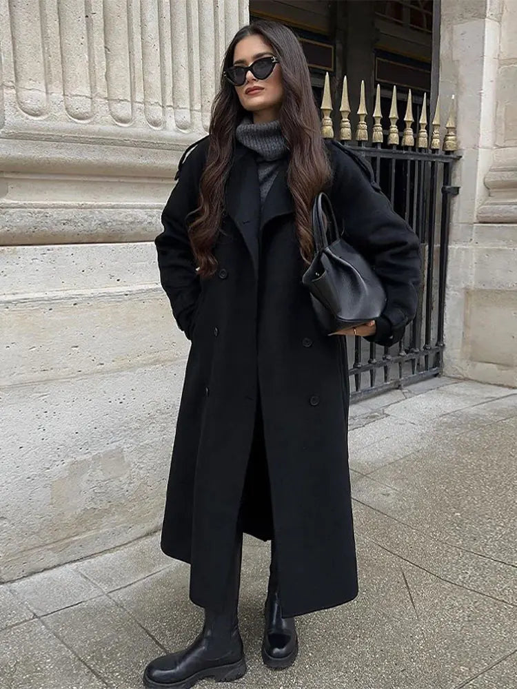 Double Breasted Woolen Overcoat Lapel Long Sleeve Jacket With Belt Female New Commute Outerwear