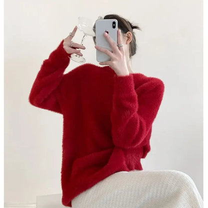 Autumn and Winter New Furry Blue Mink Fur Sweater for Round Neck Simple Loose Knitted Pullovers Tops