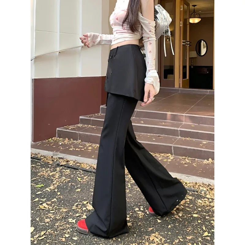 Fake Twopiece Multibutton Color Wide Leg Pants Autumn New High Waist Skirt Stitching Loose Pants