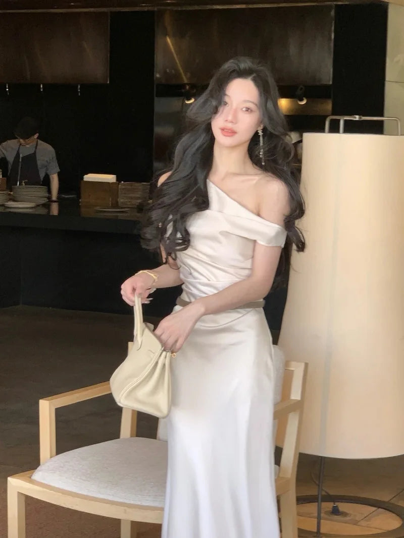 Evening Party Satin Long Dresses for Summer Pink Birthday Robe Slash Sleeveless Slim Female Clothing