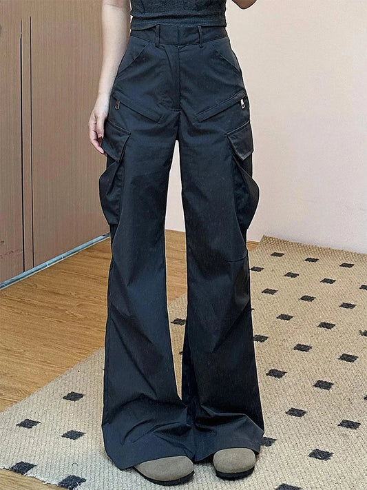 Black Cargo Flare Pants Harajuku Baggy Pants Y2k 2000s 90s Aesthetic Emo Pants Trousers Clothes