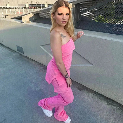 Velvet Street Two Piece Pant Set Strapless Crop Top Pocket Flare Pant Female 2 Piece Outfit New in Matching Set