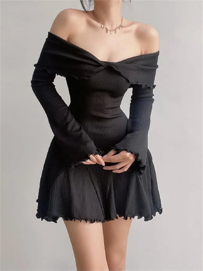 Black Knit Ruffled Mini Dress Patchwork Offshoulder Loose Slim Ribbed Dress Knitwear Clothes Female Dress