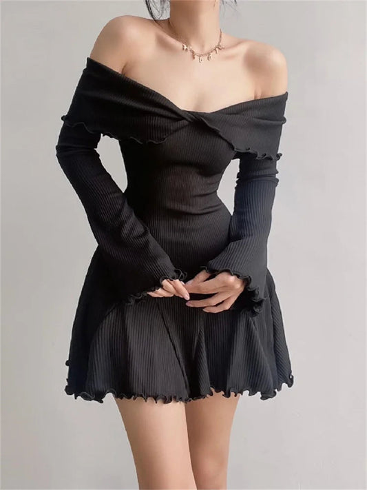 Black Knit Ruffled Mini Dress Patchwork Offshoulder Loose Slim Ribbed Dress Knitwear Clothes Female Dress