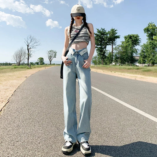 Rugged Waist Design and Feeling Denim New Loose High Waisted Slim Denim Straight Leg Pants Floor Mop Pants
