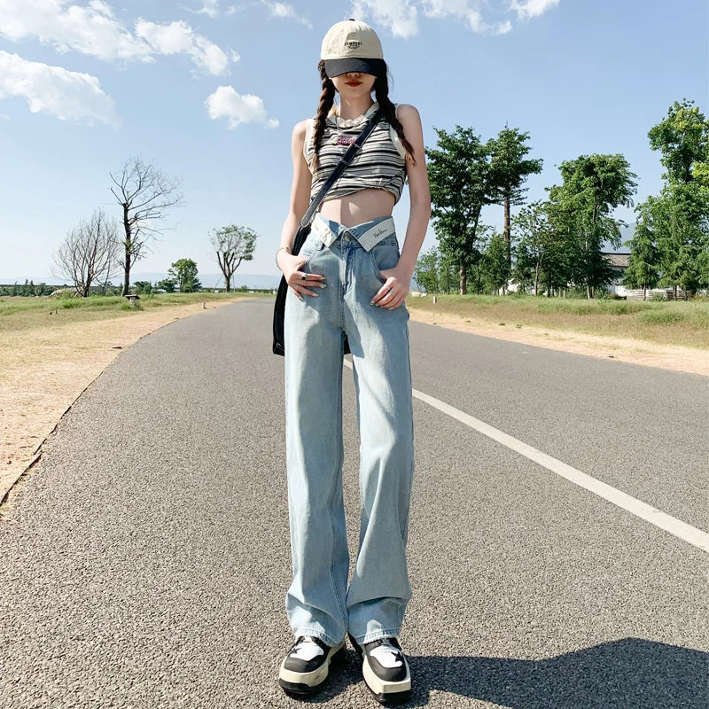 Rugged Waist Design and Feeling Denim New Loose High Waisted Slim Denim Straight Leg Pants Floor Mop Pants