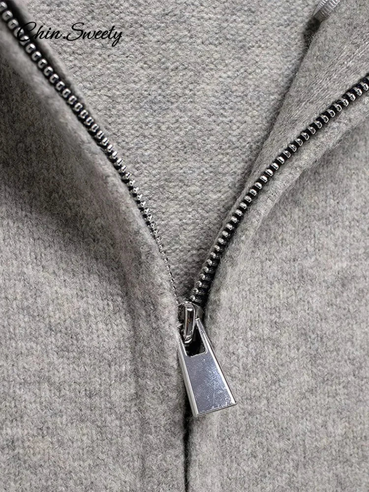 Hooded Cardigans Gray Long Sleeve Soft Zipper Ribbed Sweater Female Spring Simple Slim-fit Top New