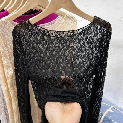 Lace Mesh High Collar Bottom T-shirts Female Long Sleeve Autumn Style Tight Thin Tops T-shirts Clothes