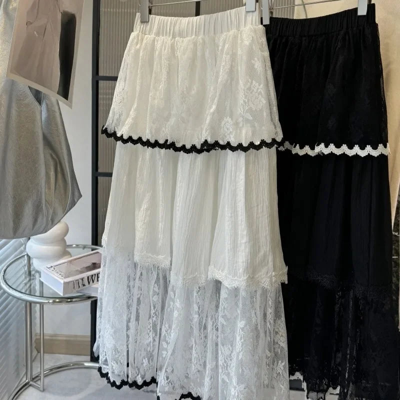 Spring Summer Lace Skirts Contrast Color Ruffles Sweet Jupe Femme Korean Retro Long Skirt