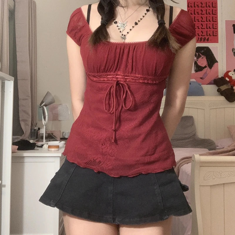 Lady Square Collar T-shirt Kawaii Bow Short Sleeve Pullovers Tees Y2k Fairy Grunge Crop Top Retro Clothes