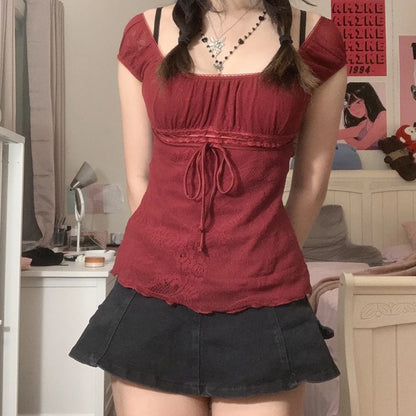 Lady Square Collar T-shirt Kawaii Bow Short Sleeve Pullovers Tees Y2k Fairy Grunge Crop Top Retro Clothes