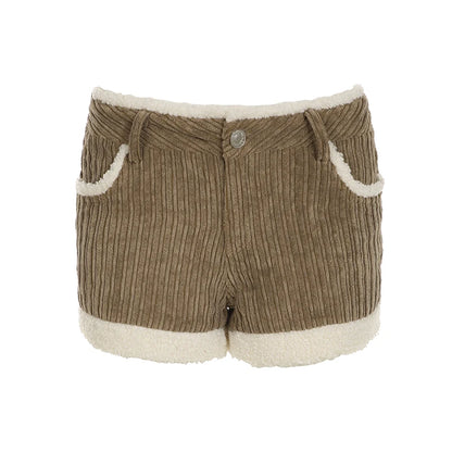 Autumn New ��s Corduroy Short Simple All-match Faux Fur Trim Spliced Design Short Pants