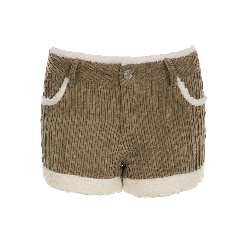 Autumn New ��s Corduroy Short Simple All-match Faux Fur Trim Spliced Design Short Pants