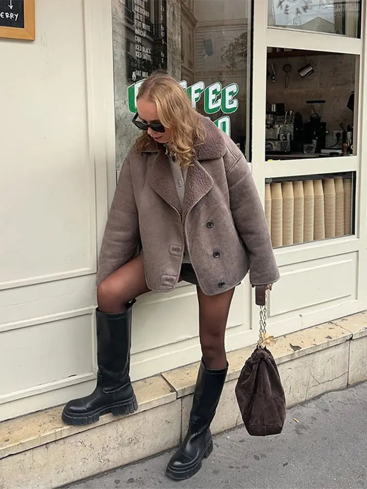 Lapel Lamb Wool Splicing Suede Jacket Single Breasted Long Sleeve Thicken Warm Coat Lady
