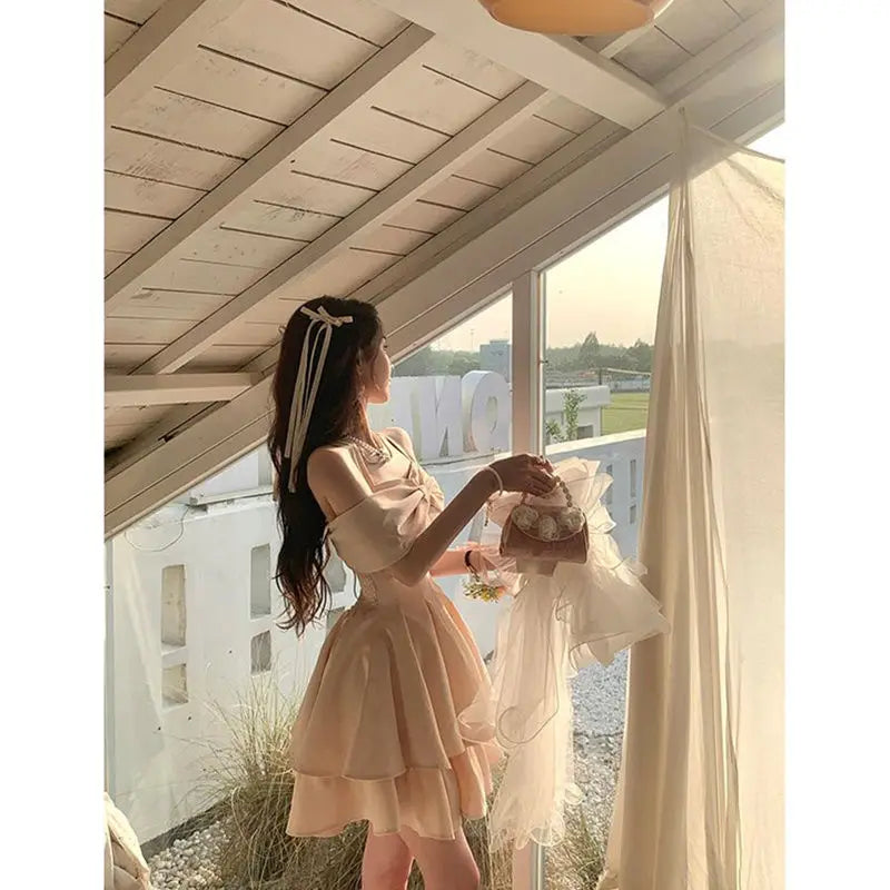 Summer Y2k Mini Dress Sweet Even Party Dress Office Lady Kawaii Clothing Bow Birthday Dress Korean