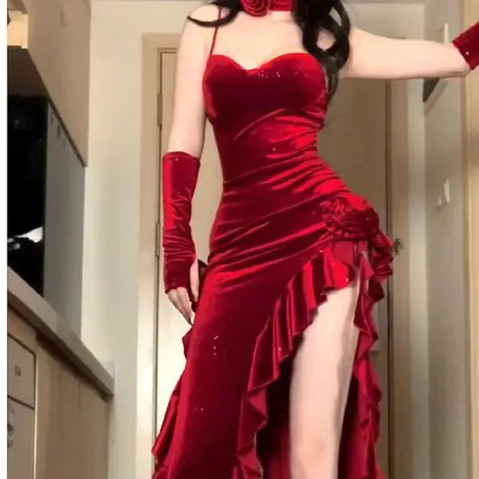 Christmas Limited Dress Red Rose Onepiece Female Sleeveless Y2k Long Dress Female Offshoulder Retro Irregular Dress