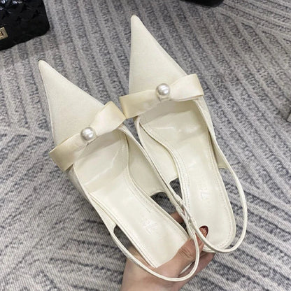 Satin Bow Pumps Pointed Toe Thin Heeled Backless Dress Shoes Brand Designer Shallow Mouth Sandal