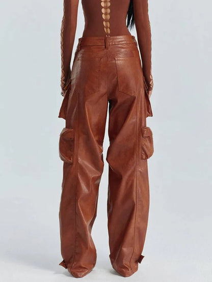 Loose Spliced Pockets Pant for High Waist Patchwoek Zippers Pu Leather Trousers Female Autumn Clothes