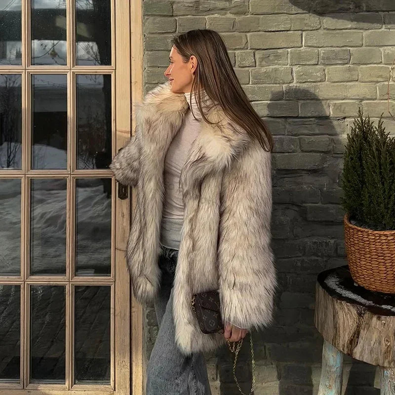 Brand Fluffy Faux Fur Jacket Winter Long Thicken Warm Gradient Fox Fur Coat Furry Overcoat