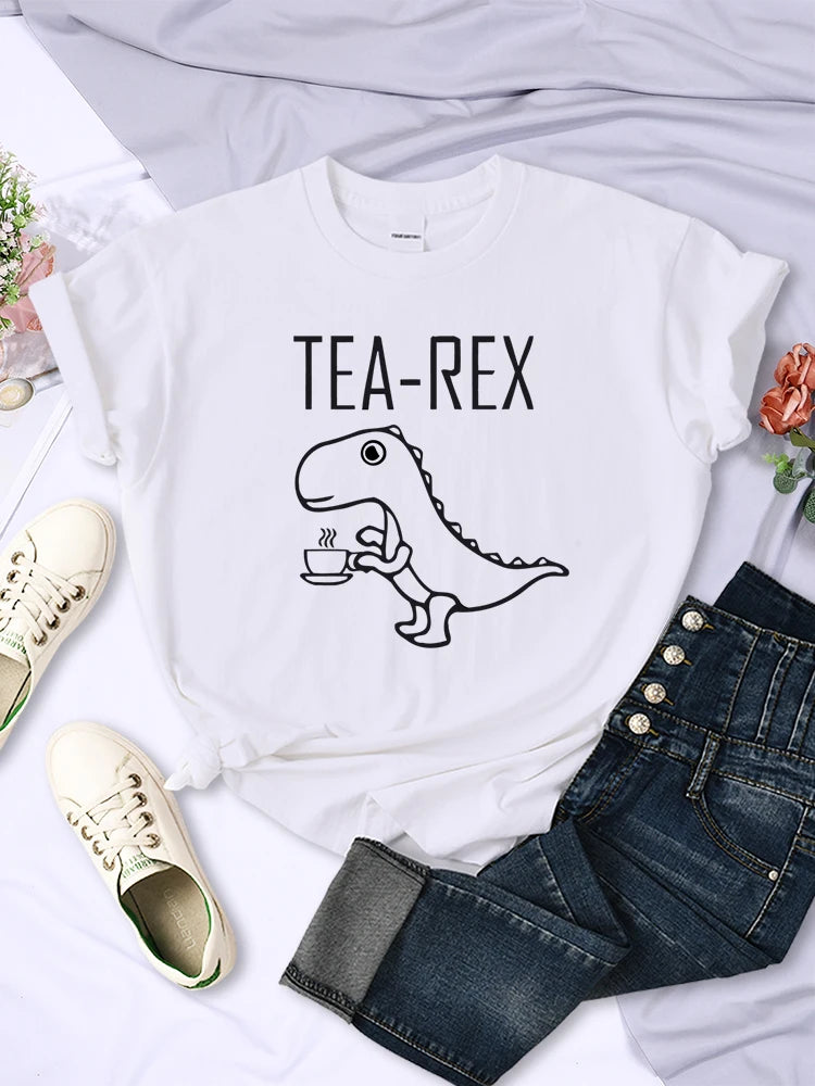 Tea Rex Funny Dinosaur Drink Coffee Female T-shirts Breathable Short Sleeve Personality All-math Tee Clothing Tops