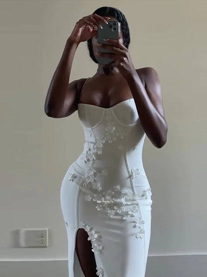 3d Flowers Sling Tube Dresses Slim Fit Sleeveless Slit Long Dress Female Spring Evening Vestidos