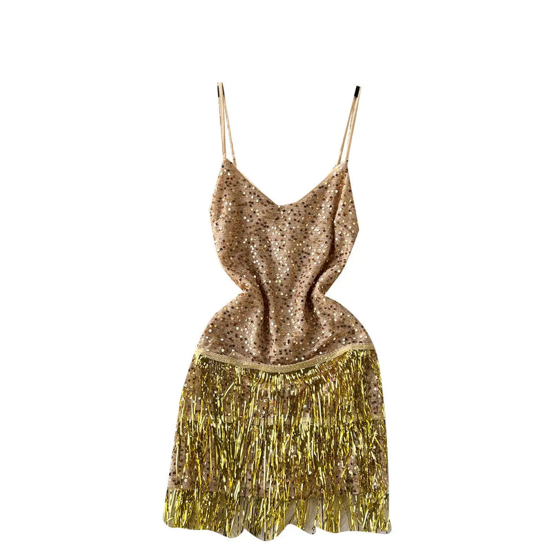 French High End Strap Glitter Camisole Dress Female Spicy Girl Slimming Tassel Splicing Sleeveless Aline Midi Dress for