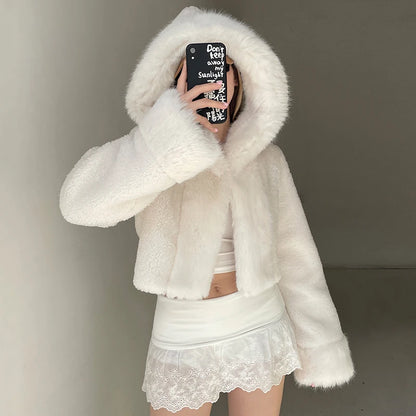 Faux Fur Hooded Coat High Street Fluffy White Snow Jacket Winter Warm Slim Outwear Stylish Lady Outfits