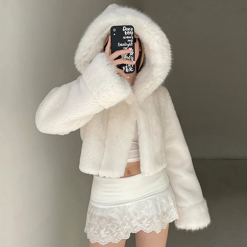 Faux Fur Hooded Coat High Street Fluffy White Snow Jacket Winter Warm Slim Outwear Stylish Lady Outfits