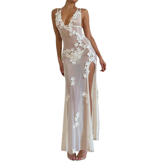 Dress for White Sheer See Through V Neck Sleeveless Bodycon Long Dresses 3d Flower Party Dresses Clubwear