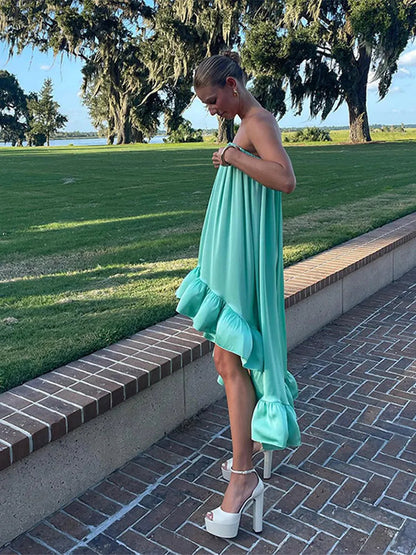 Backless Ruffles Irregular Sleeveless Loose Maxi Dresses Off Shoulder Dresses Lady Beach Vacation Vestidos