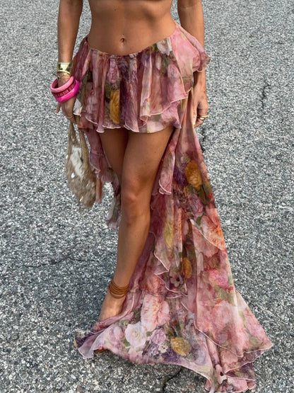Beach Print Chiffon Ruffled Skirt Asymmetrical Dipped Hem Pink Romantic Vacation Skirts