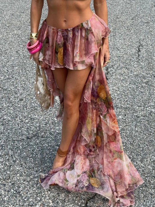 Beach Print Chiffon Ruffled Skirt Asymmetrical Dipped Hem Pink Romantic Vacation Skirts