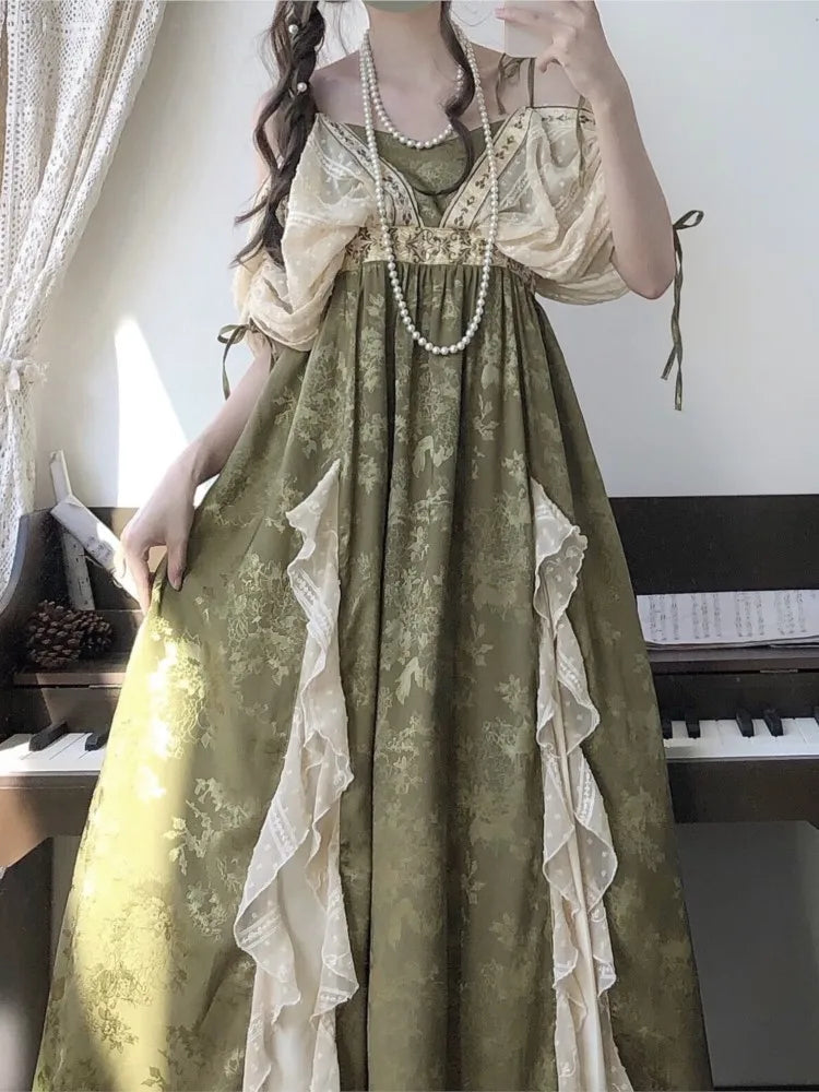 Summer Fairy Green Evening Dress V Neck Lace Ruffles Midi Dress a Line Fluffy Sleeve Prom Party Gown