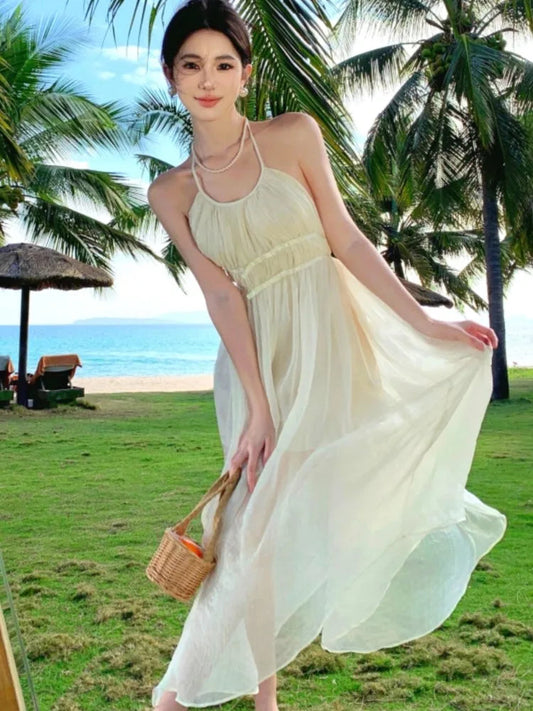 Backless Pleated Aline Long Dresses Summer Beige Slim High Waist Holiday Sleeveless Round Neck Halter Bandage Fairy Dress