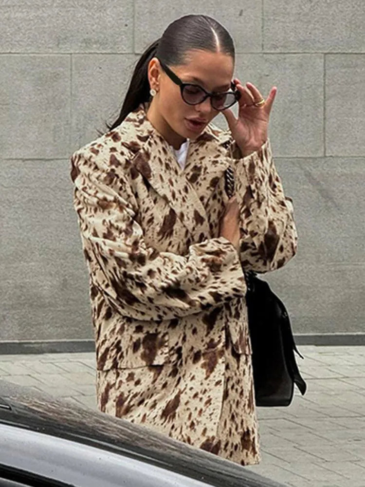 Leopard Print Woman Blazer Jacket Lapel Single Breasted Pockets Long Sleeve Coat Lady Fall Office Outerwear