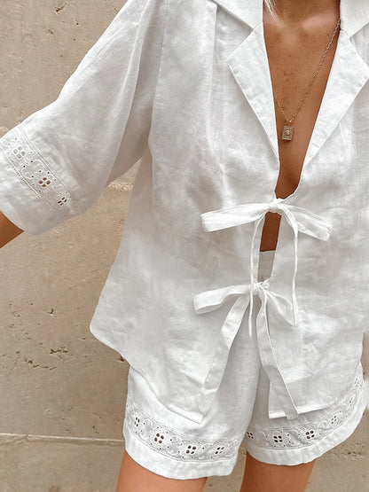 White Cotton Linen Hollow Out Lace Up Top and Short Pants Suit ’s Loose Top Splice Sets Lady Summer