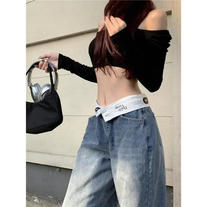 Distressed Patchwork Loose Jeans Summer New Low Waist Letter Printed Denim Wide Leg Pants