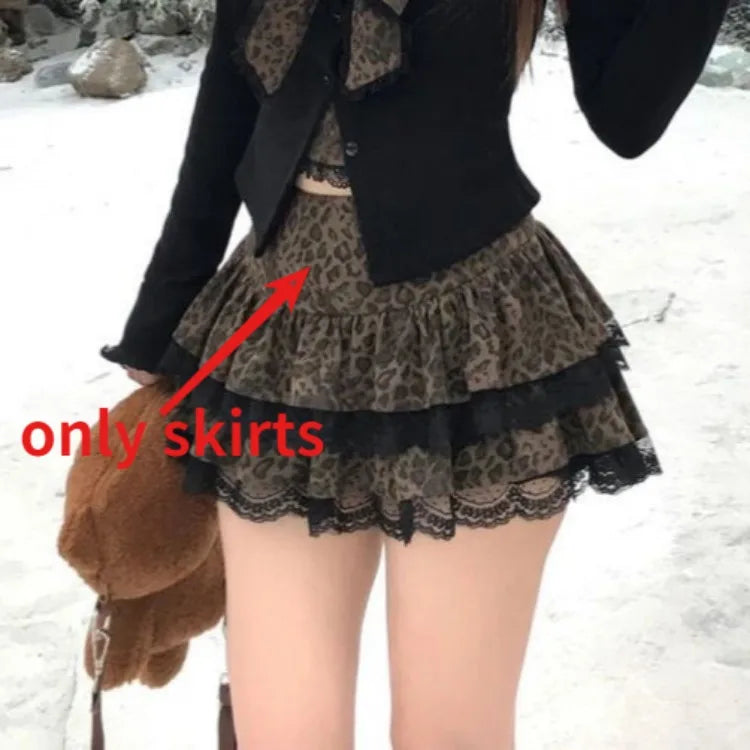Leopard Print Bow Slim Fit Long Sleeve Lace Coat + Y2k High Waist Cake Skirts Autumn Winter New Two Piece Sets