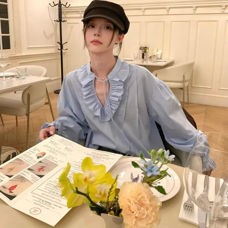 Shirts Ruffles Bandage Long Sleeve Spring New French Style Loose Blouse Tops