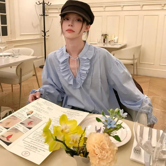 Shirts Ruffles Bandage Long Sleeve Spring New French Style Loose Blouse Tops