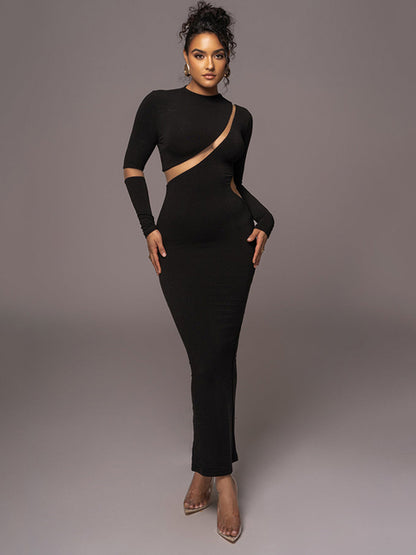 -’s Split Long Sleeve Midi Dress, Hollow Out, Split, Irregular, Irregular, Party, Club, Evening