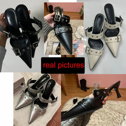 Pumps Belt Buckle Pointed Toe Black High Heel Mule Summer Slides Half Slipper Shoes for Big Size 43