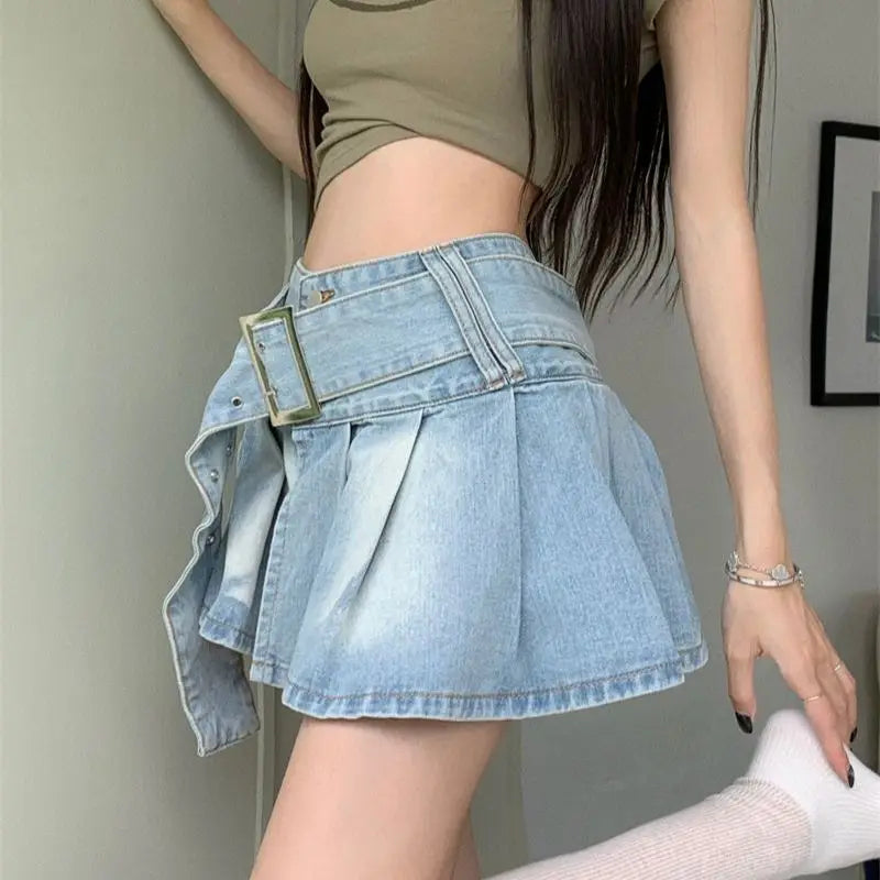 Denim Skirt Summer Korean High Waist Slim Fit Skirt Y2k Belt Split Pleated Short Skirt