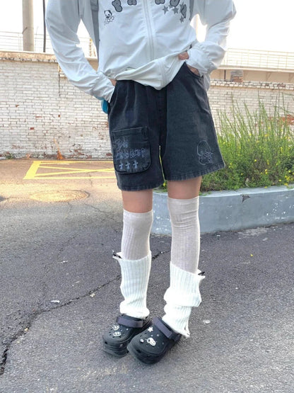 Y2k Japanese Denim Shorts Harajuku Cartoon Embroidery Baggy Summer Jeans Short Bottoms