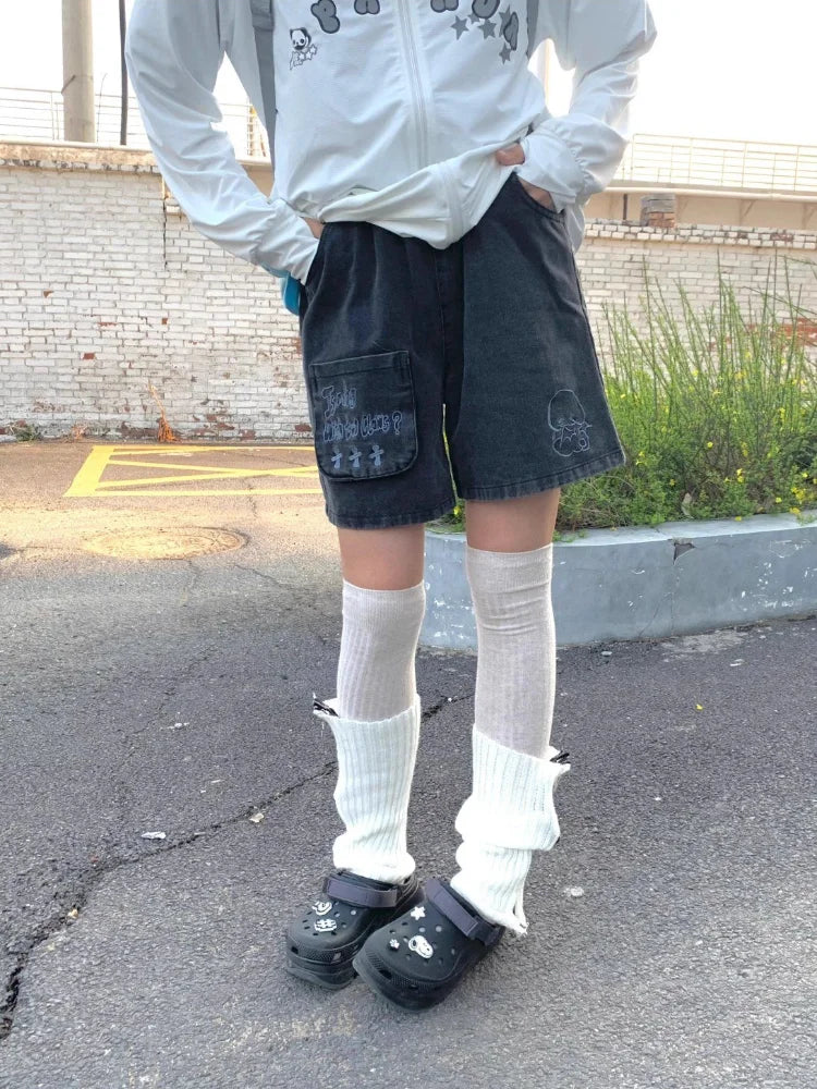 Y2k Japanese Denim Shorts Harajuku Cartoon Embroidery Baggy Summer Jeans Short Bottoms