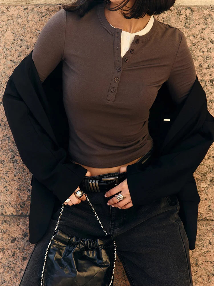 Spring Patchwork T-shirt Pullover for Long Sleeve High Waist Inner Slim Y2k Top Clothes Female Tee Top