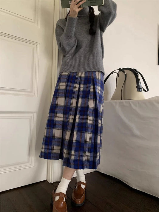 Japan Preppy Plaid Skirts for Woman Autumn Winter Woolen Plaid Pleated Long Skirt Aline Woolen Umbrella Skirt